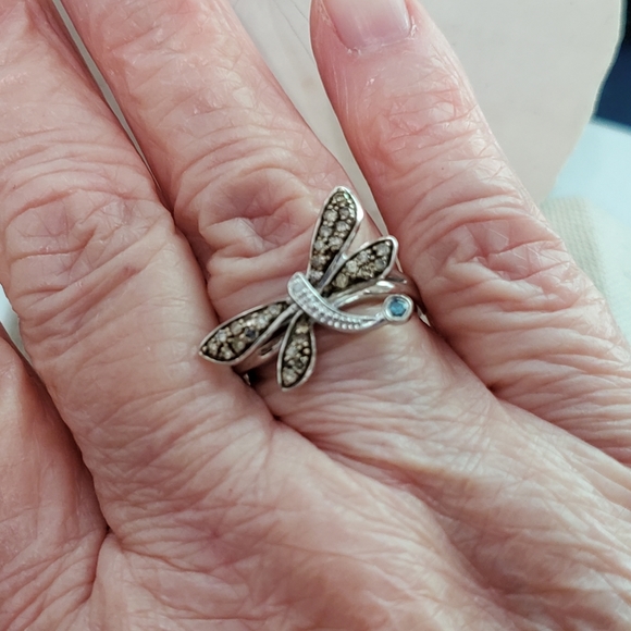 Diamond and Blue Topaz Sterling Silver Dragonfly Ring Size 7 - Picture 13 of 15